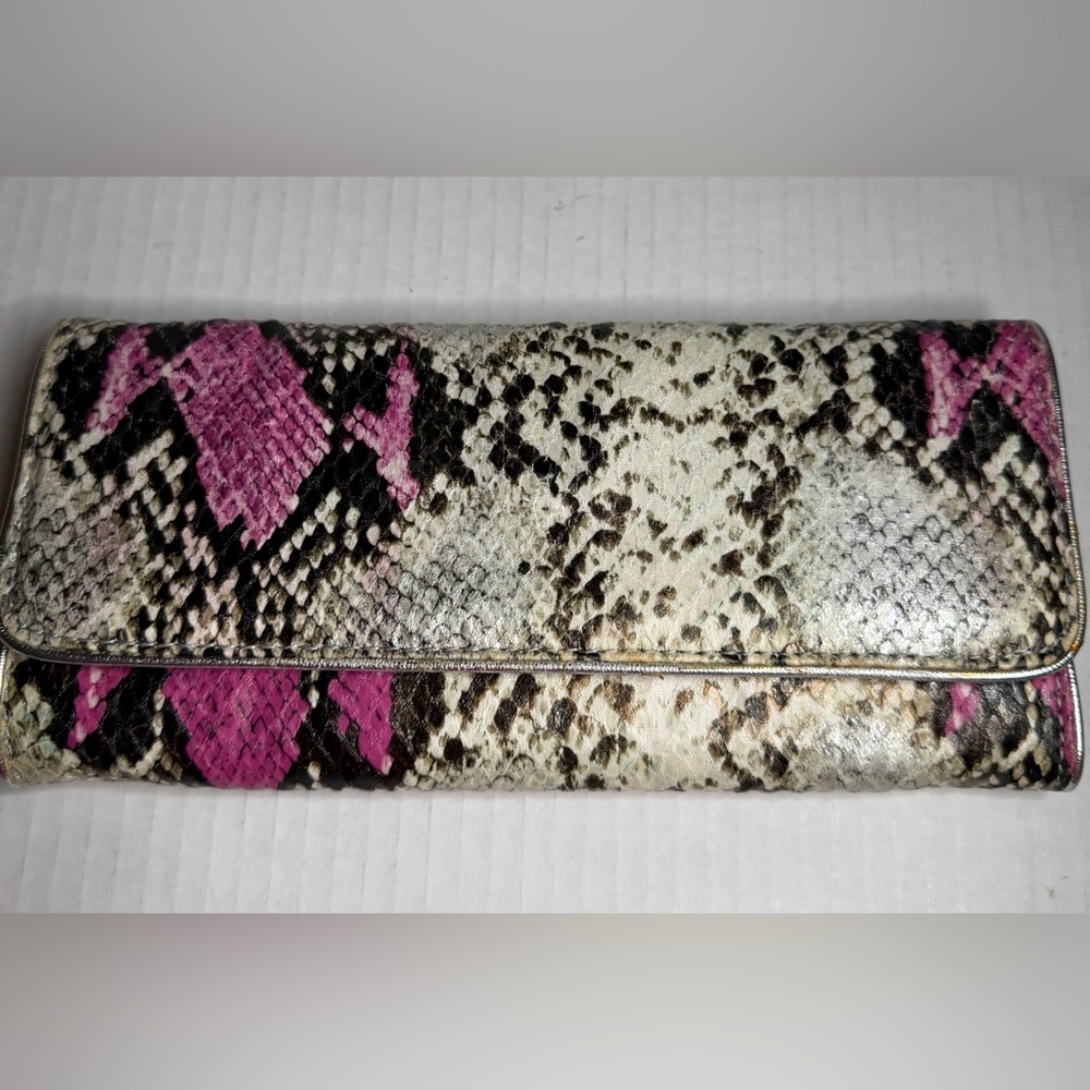 Steve Madden Snakeskin Python Print Wallet or Clutch Silver Trim Pink Black